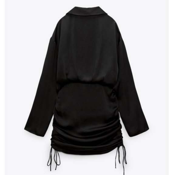 ZARA * SHORT SATIN EFFECT RUCHED DRAWSTRING DRESS Black - Picture 5 of 7